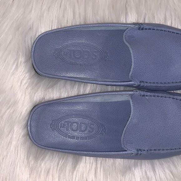 TODS Pebbled Leather Backless Slip On Drivers Mules Loafers, Blue - Picture 9 of 10
